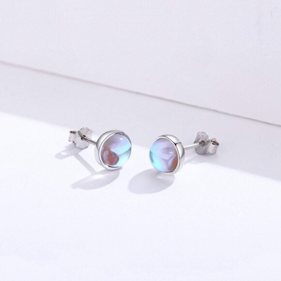 Earrings for Sensitive Ears Synthetic Moonstone Earrings Round Earrings Sterling - Picture 6 of 6